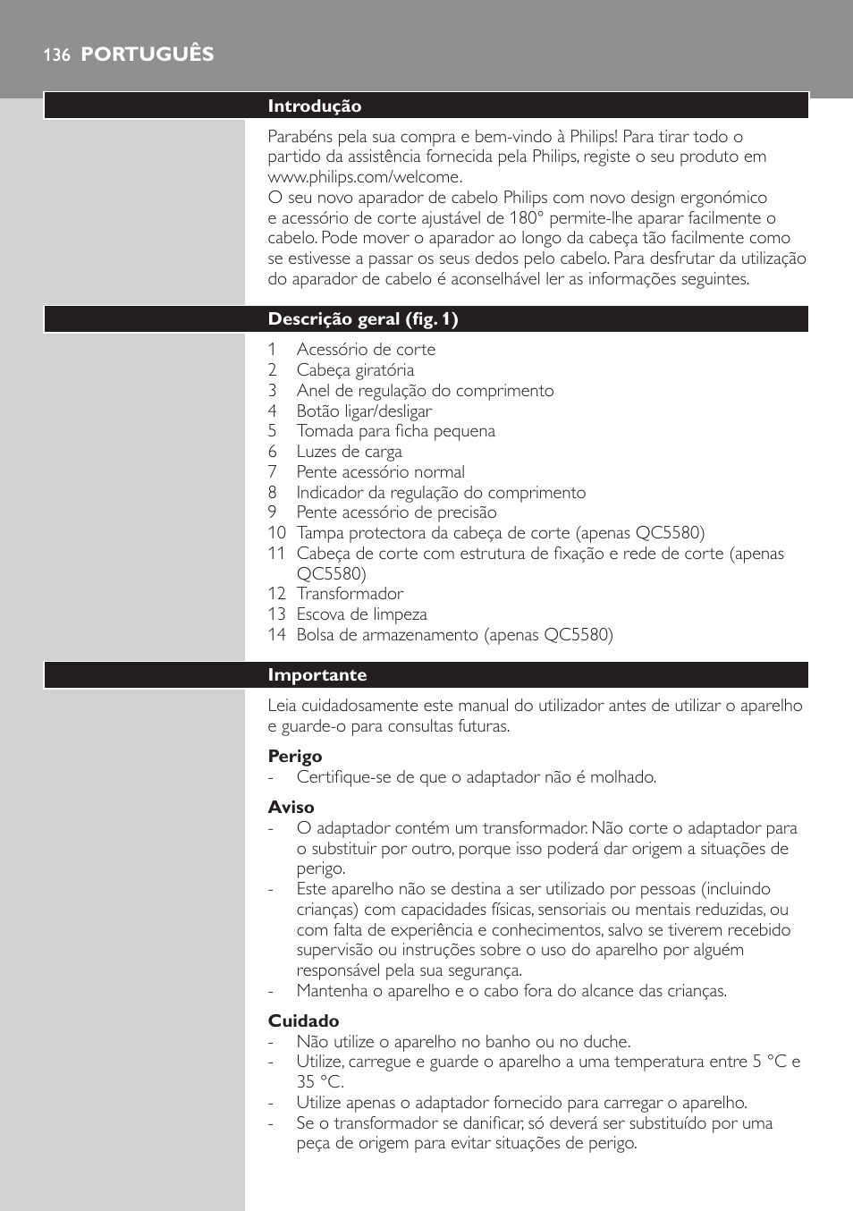 Português | Philips Do-It-Yourself clipper Se tondre les cheveux soi-même User Manual | Page 136 / 150