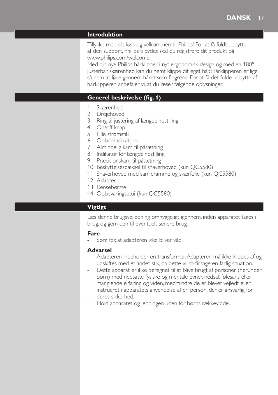 Dansk | Philips Do-It-Yourself clipper Se tondre les cheveux soi-même User Manual | Page 17 / 150