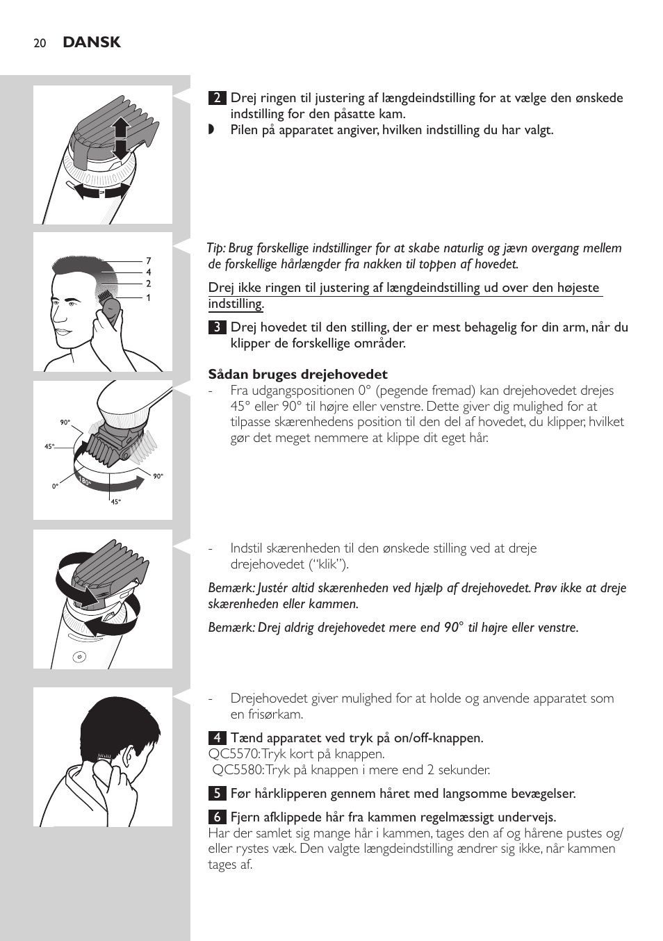 Dansk | Philips Do-It-Yourself clipper Se tondre les cheveux soi-même User Manual | Page 20 / 150