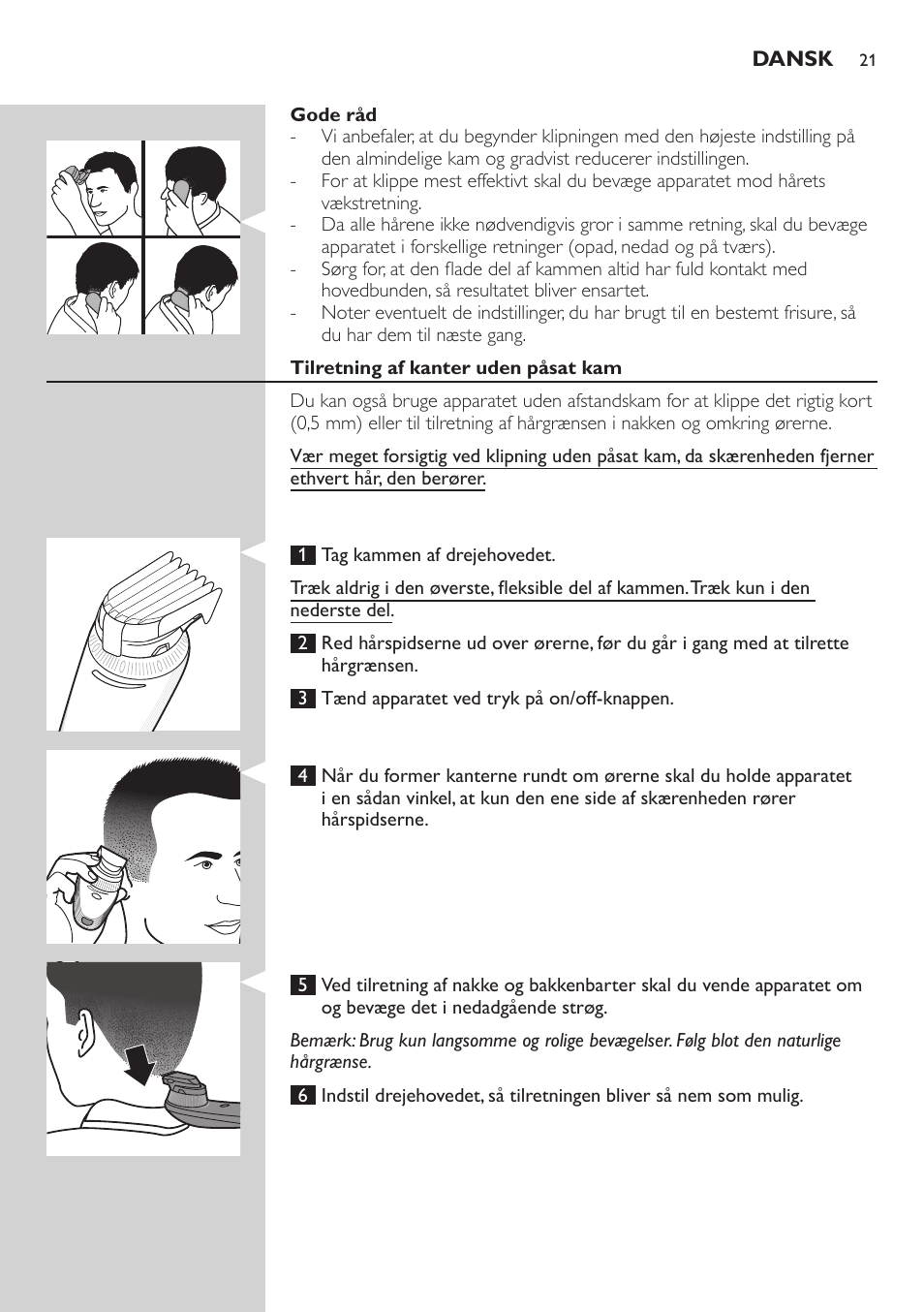 Dansk | Philips Do-It-Yourself clipper Se tondre les cheveux soi-même User Manual | Page 21 / 150