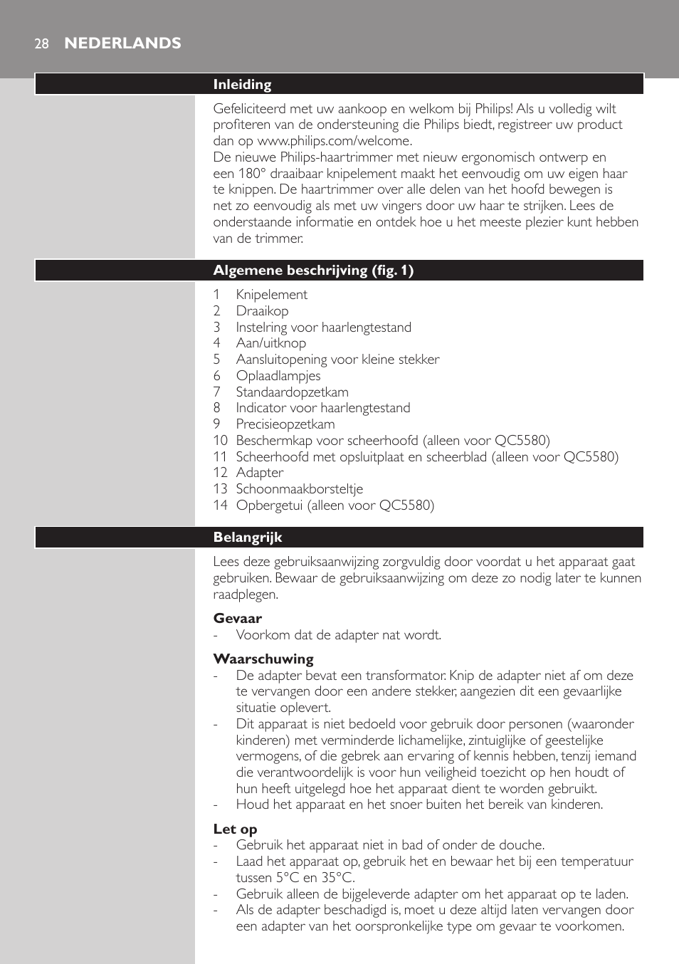 Nederlands, Nederlands 2 | Philips Do-It-Yourself clipper Se tondre les cheveux soi-même User Manual | Page 28 / 150