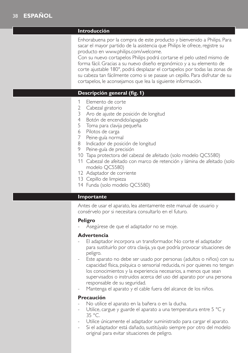 Español | Philips Do-It-Yourself clipper Se tondre les cheveux soi-même User Manual | Page 38 / 150