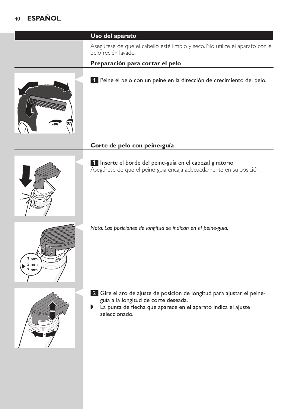 Español | Philips Do-It-Yourself clipper Se tondre les cheveux soi-même User Manual | Page 40 / 150