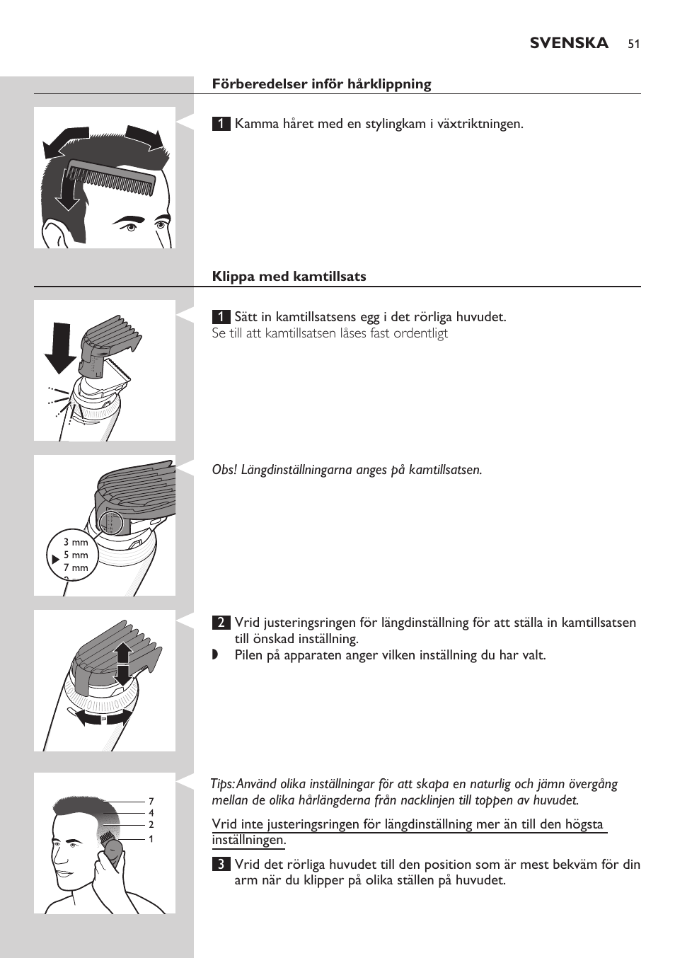 Svenska | Philips Do-It-Yourself clipper Se tondre les cheveux soi-même User Manual | Page 51 / 150