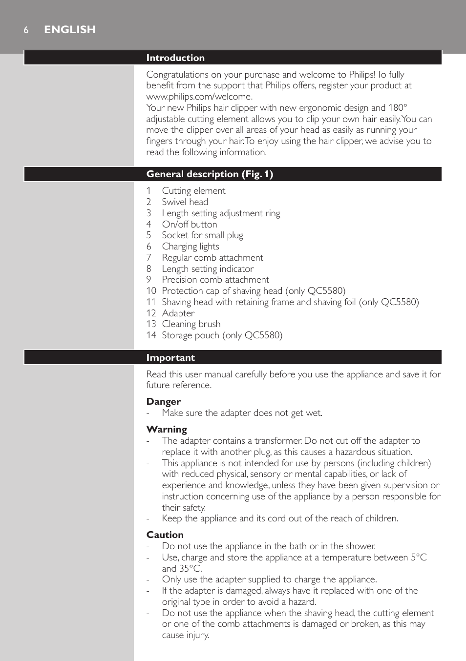English | Philips Do-It-Yourself clipper Se tondre les cheveux soi-même User Manual | Page 6 / 150