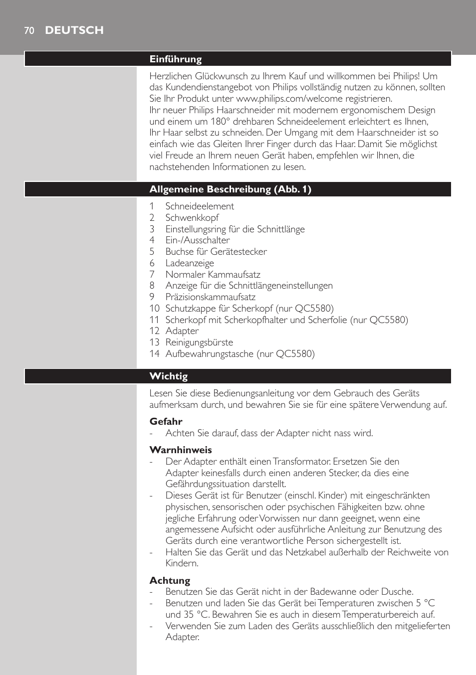 Deutsch, Deutsch 70 | Philips Do-It-Yourself clipper Se tondre les cheveux soi-même User Manual | Page 70 / 150