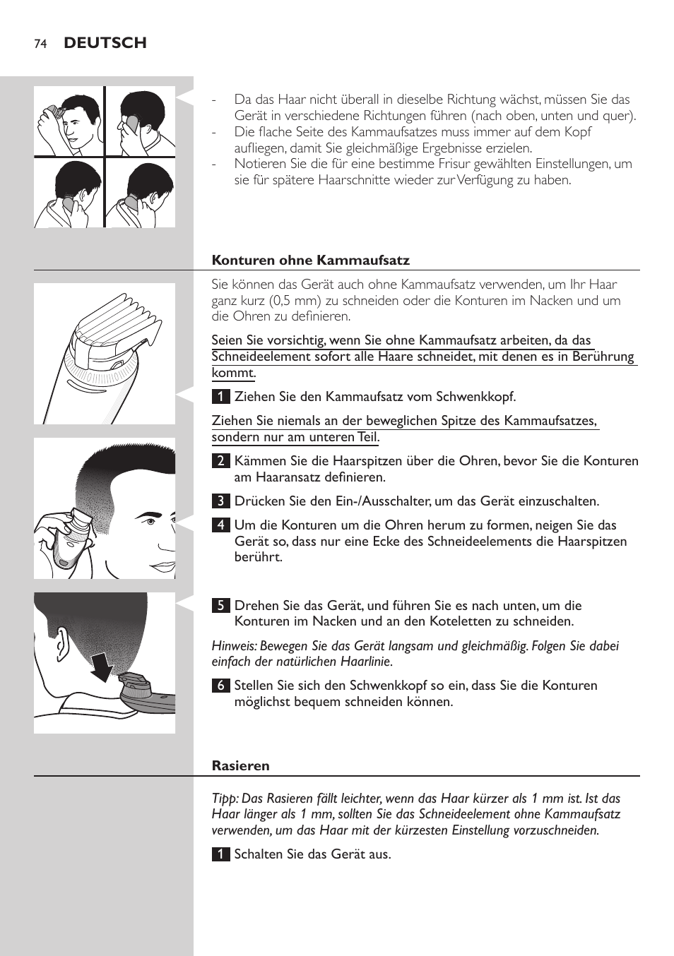 Deutsch | Philips Do-It-Yourself clipper Se tondre les cheveux soi-même User Manual | Page 74 / 150