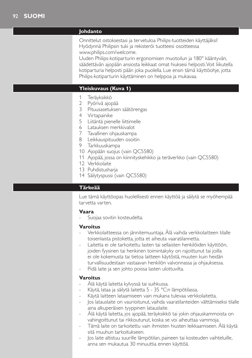 Suomi | Philips Do-It-Yourself clipper Se tondre les cheveux soi-même User Manual | Page 92 / 150