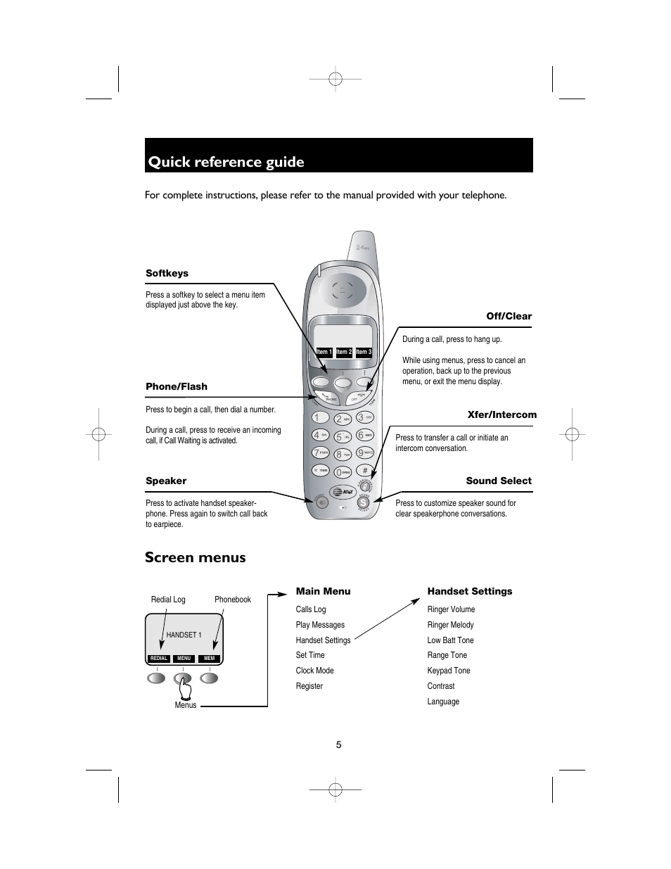 Quick reference guide, Handset, Softkeys | Phone/flash, Speaker, Off/clear, Sound select, Screen menus | AT&T E250 User Manual | Page 7 / 10