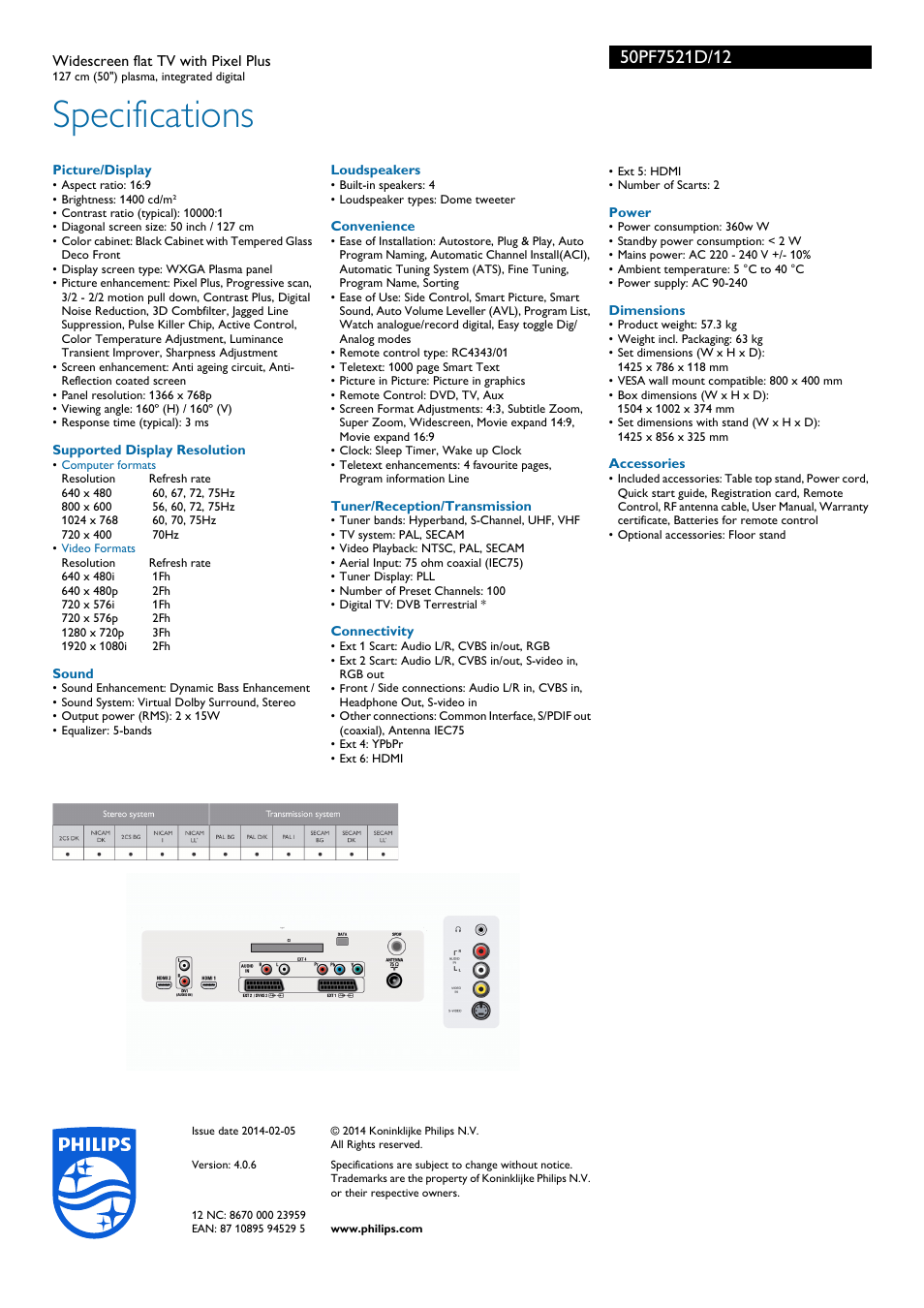 Specifications | Philips Téléviseur à écran large User Manual | Page 3 / 3