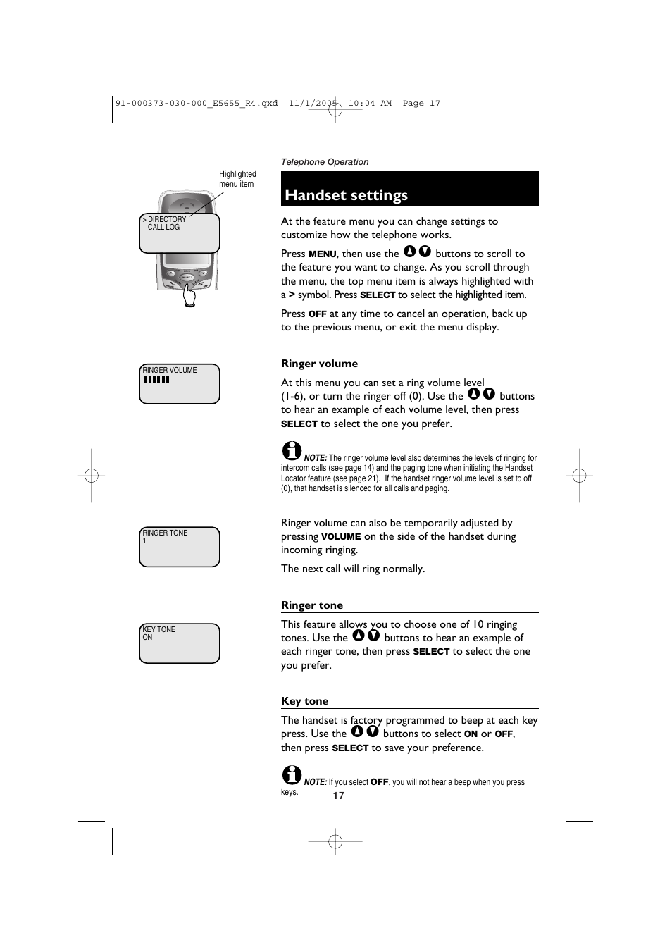 Handset settings | AT&T E5655 User Manual | Page 19 / 56