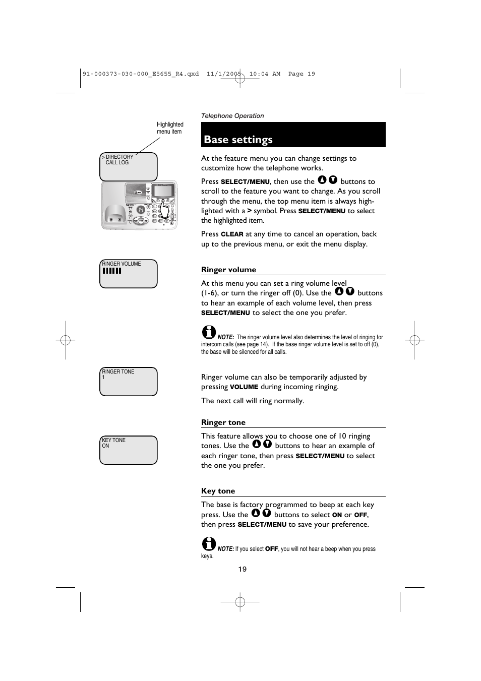 Base settings | AT&T E5655 User Manual | Page 21 / 56