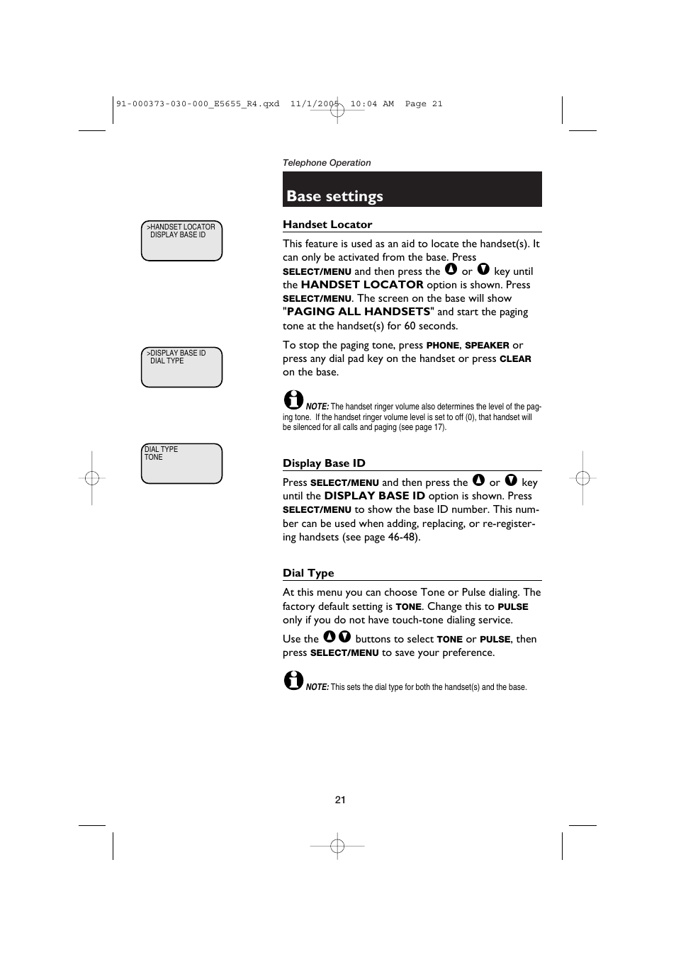 Base settings | AT&T E5655 User Manual | Page 23 / 56