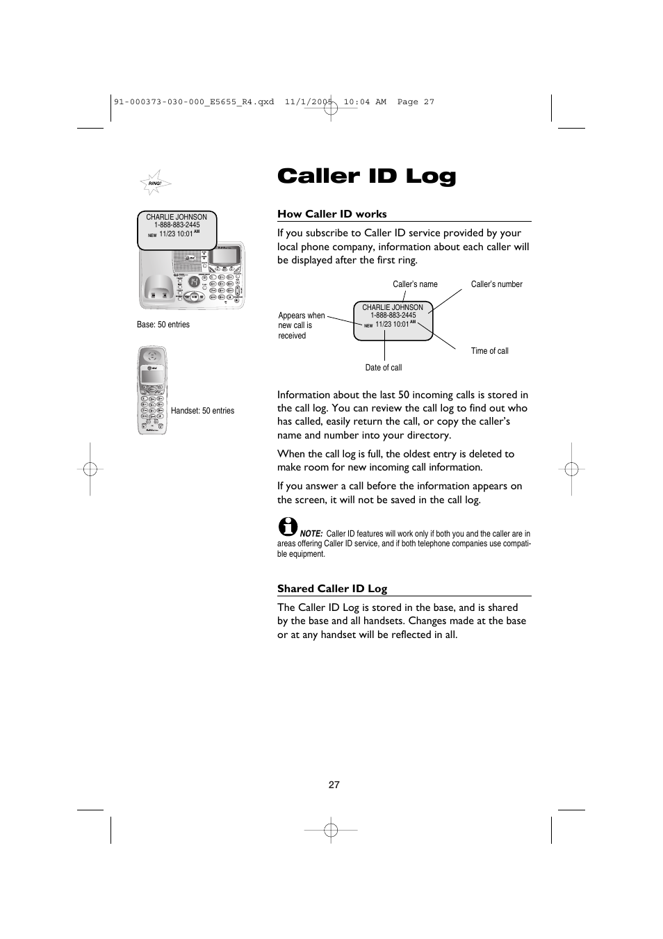 Caller id log | AT&T E5655 User Manual | Page 29 / 56