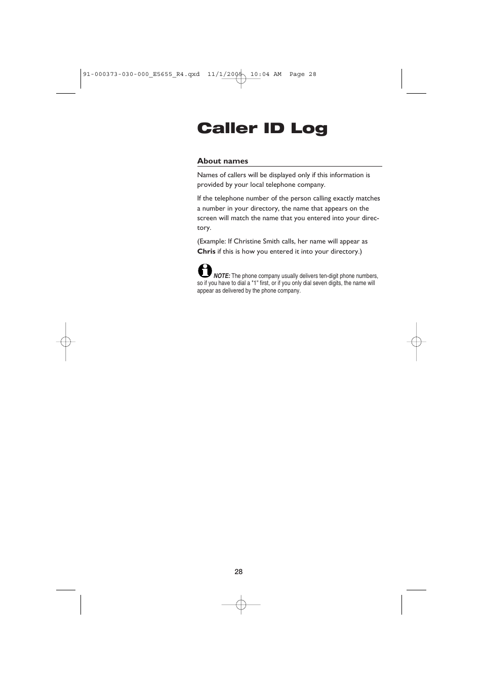 Caller id log | AT&T E5655 User Manual | Page 30 / 56