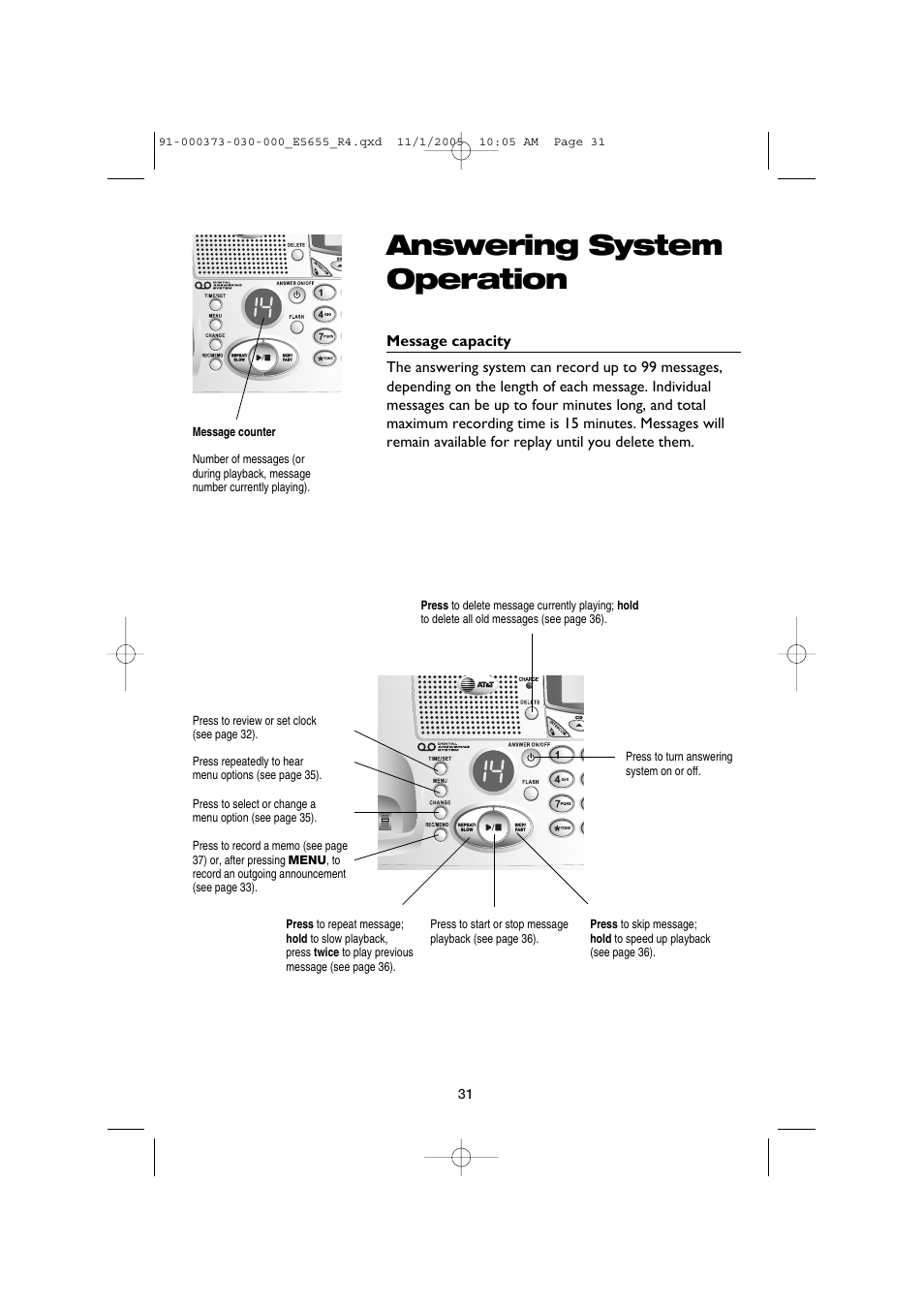 Answering system operation | AT&T E5655 User Manual | Page 33 / 56