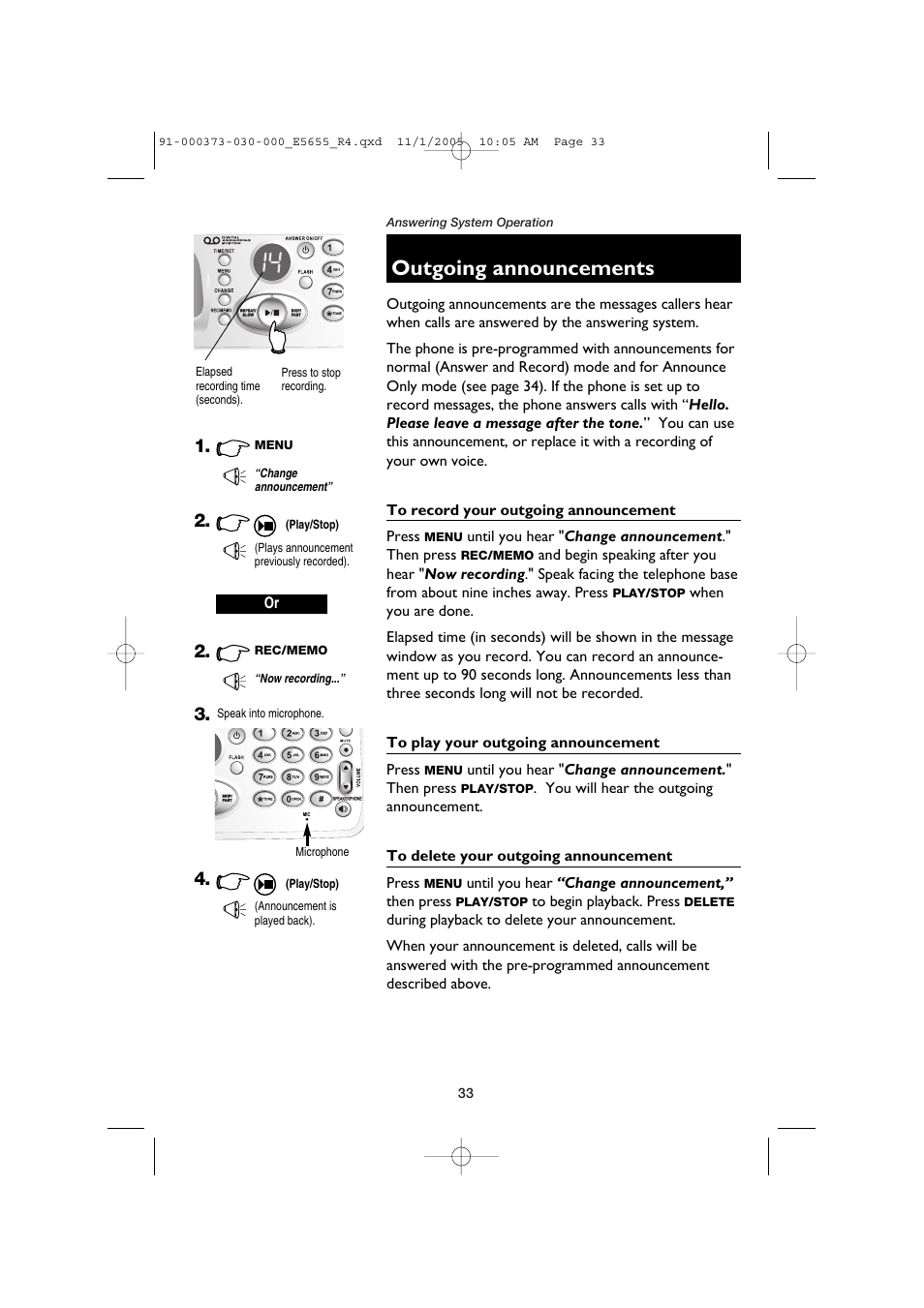Outgoing announcements | AT&T E5655 User Manual | Page 35 / 56