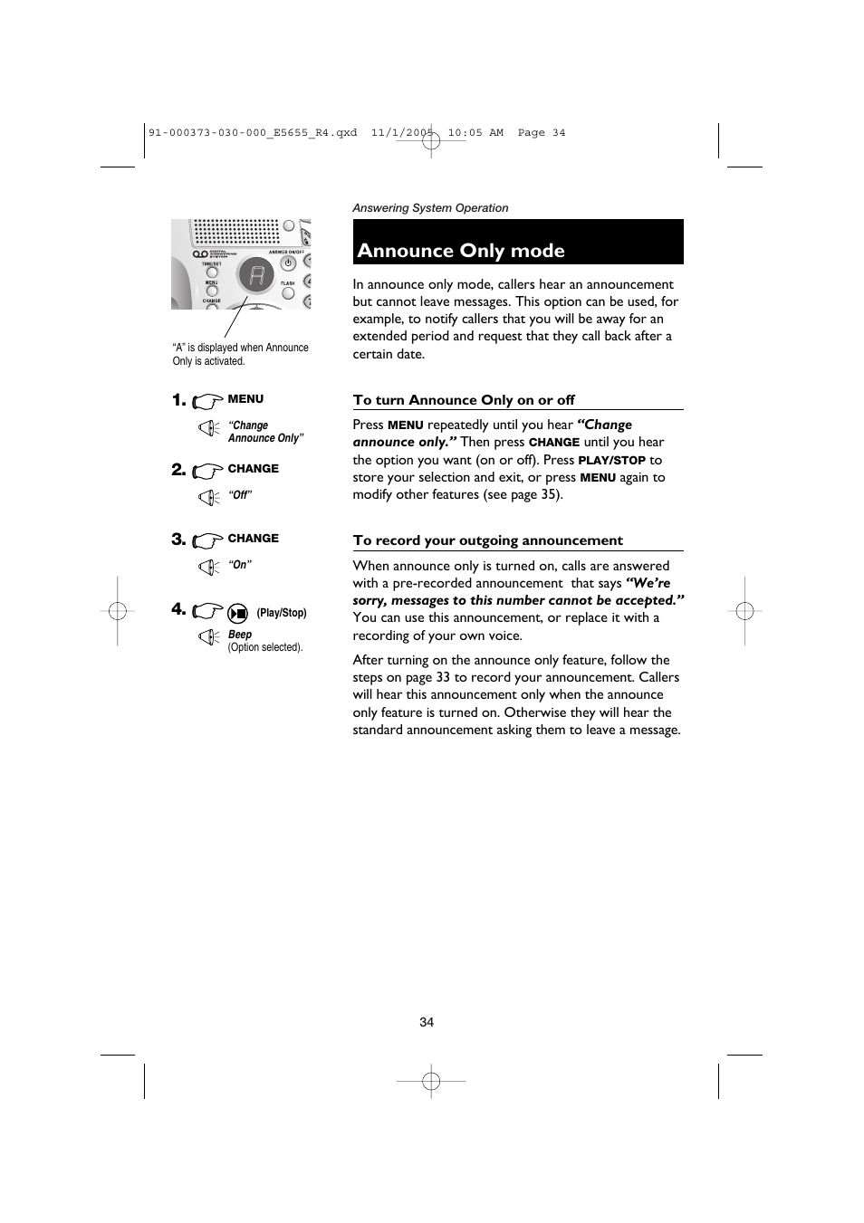 Announce only mode | AT&T E5655 User Manual | Page 36 / 56