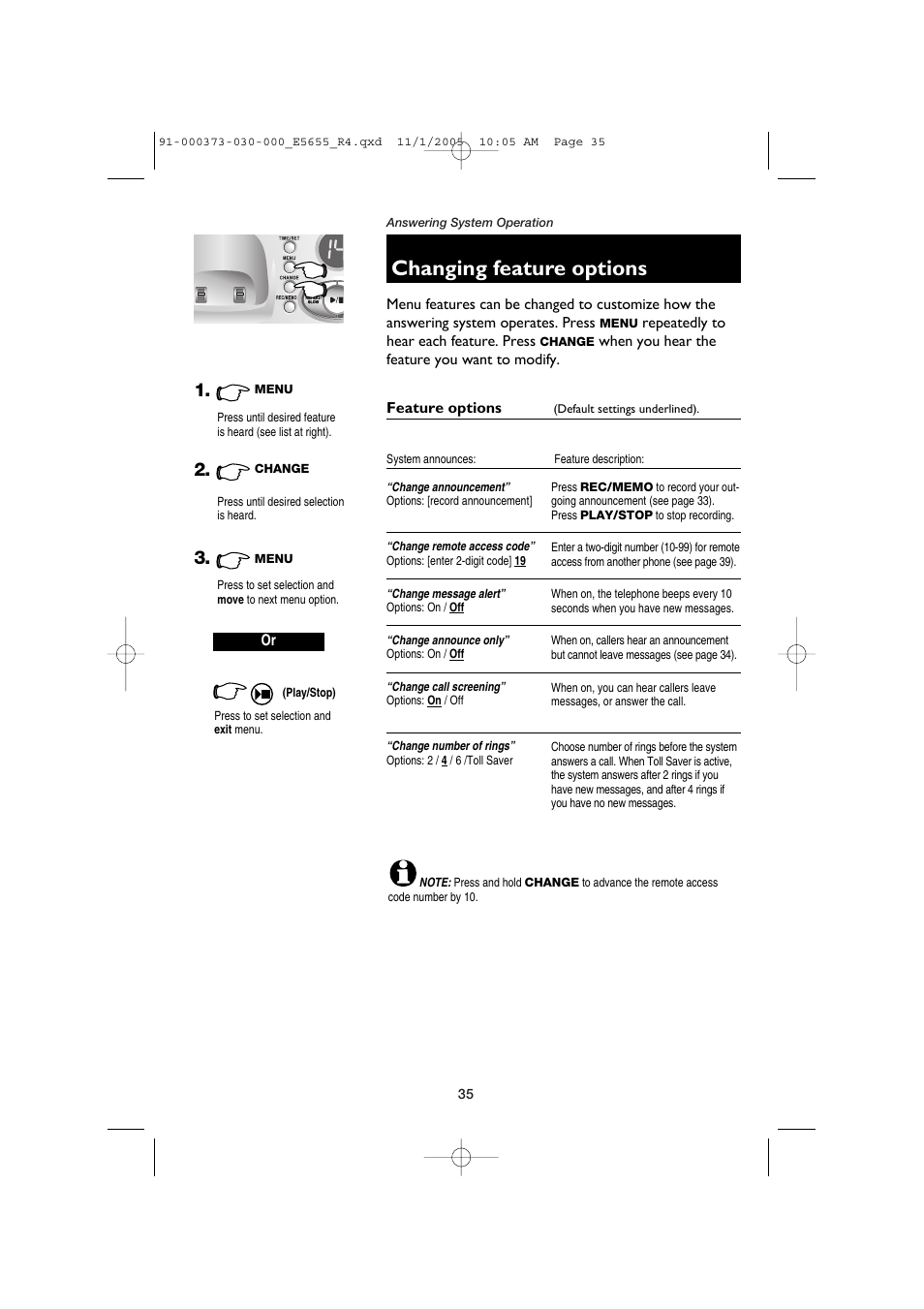 Changing feature options | AT&T E5655 User Manual | Page 37 / 56
