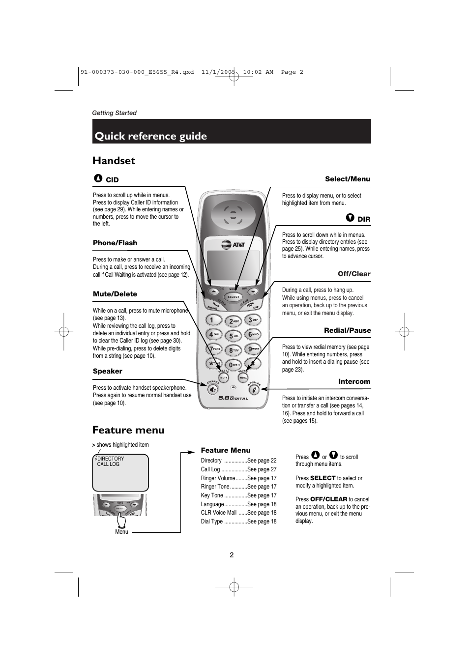 Quick reference guide, Handset feature menu | AT&T E5655 User Manual | Page 4 / 56