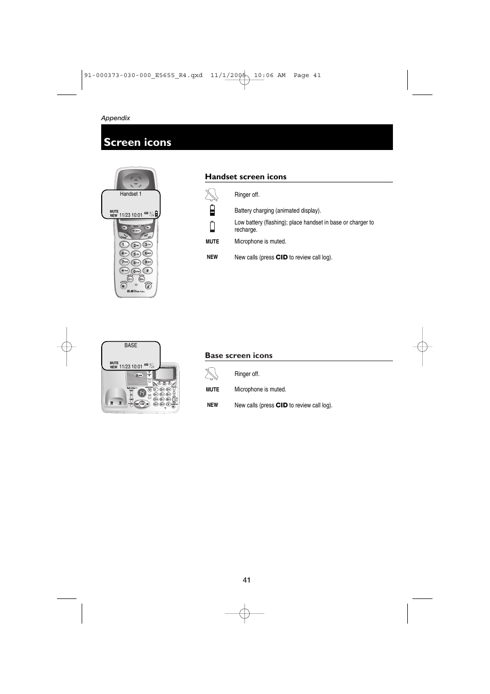 Screen icons, Base screen icons, Handset screen icons | AT&T E5655 User Manual | Page 43 / 56