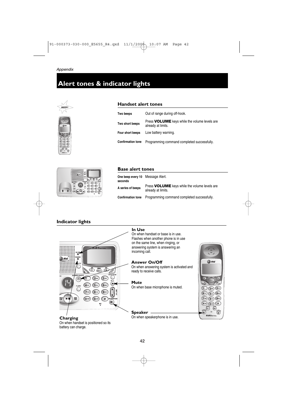 Alert tones & indicator lights | AT&T E5655 User Manual | Page 44 / 56
