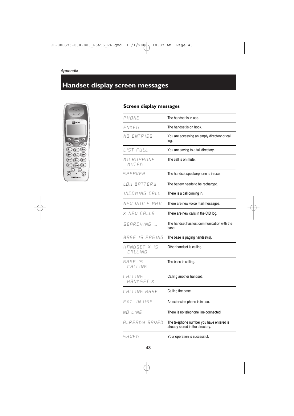 Handset display screen messages, Screen display messages | AT&T E5655 User Manual | Page 45 / 56