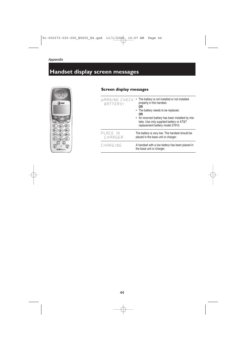 Handset display screen messages | AT&T E5655 User Manual | Page 46 / 56