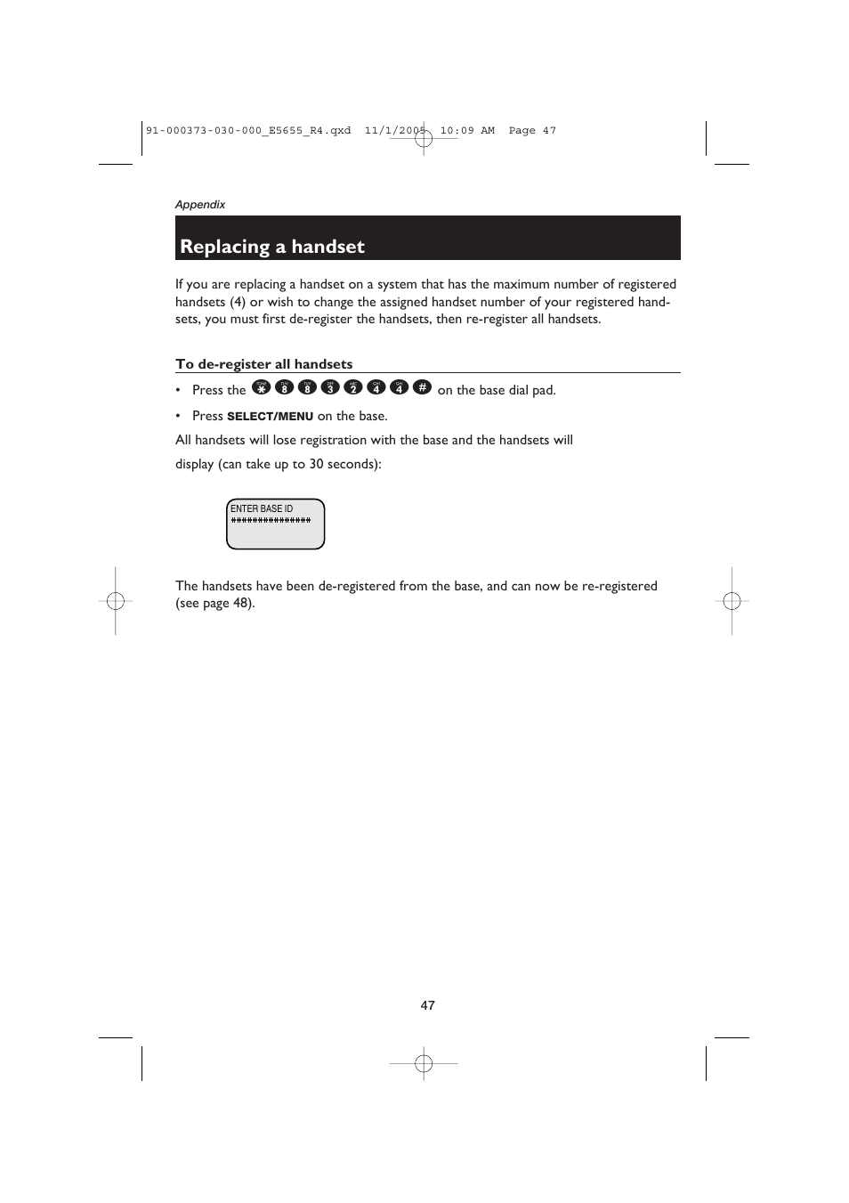 Replacing a handset | AT&T E5655 User Manual | Page 49 / 56