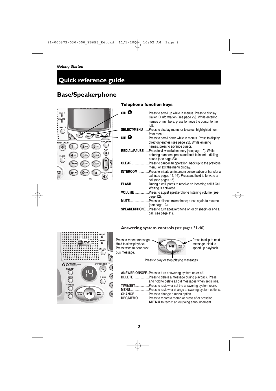 Quick reference guide base/speakerphone | AT&T E5655 User Manual | Page 5 / 56