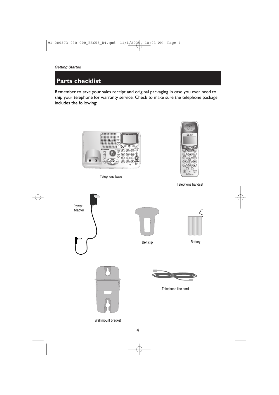 Parts checklist | AT&T E5655 User Manual | Page 6 / 56