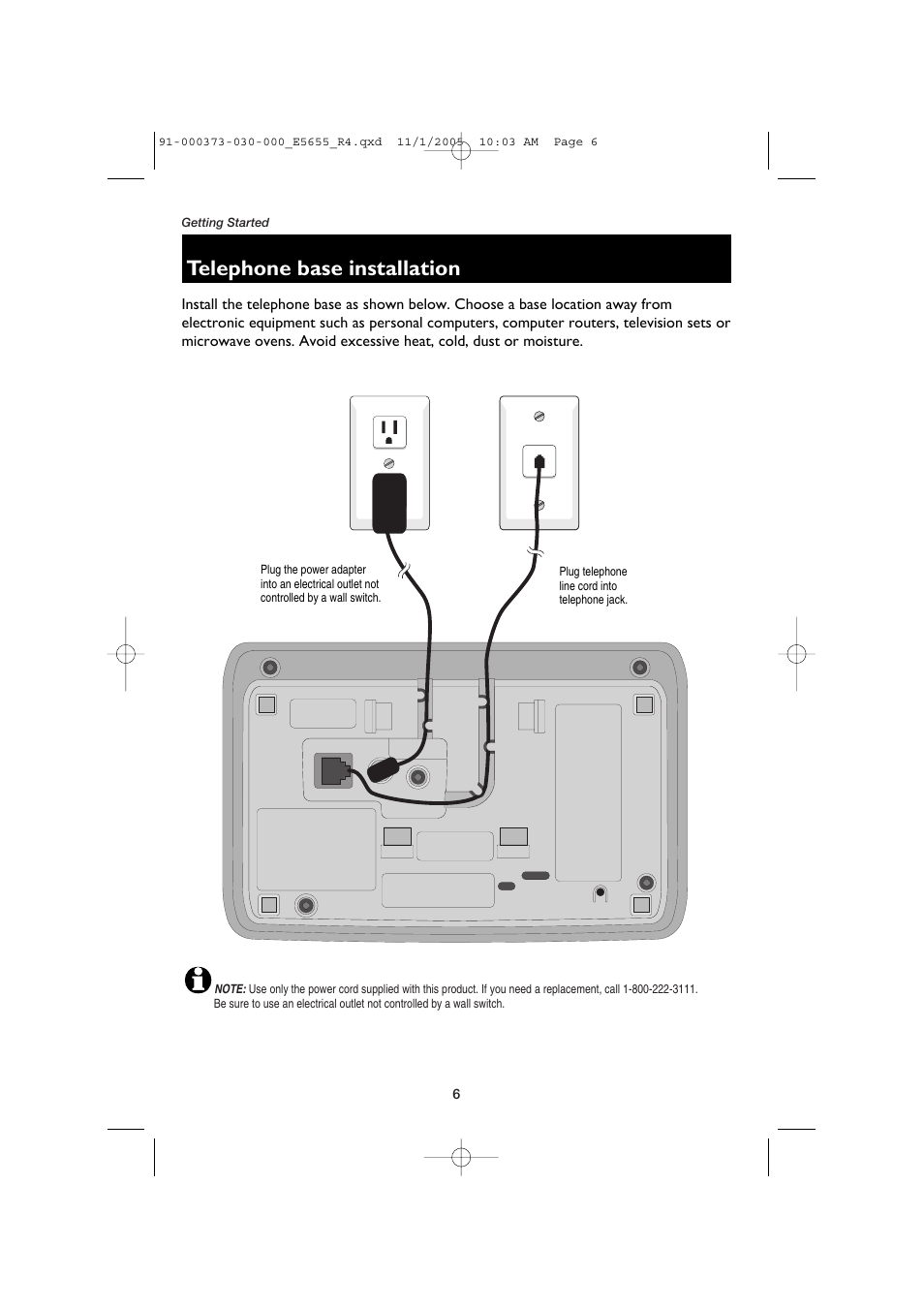 Telephone base installation | AT&T E5655 User Manual | Page 8 / 56