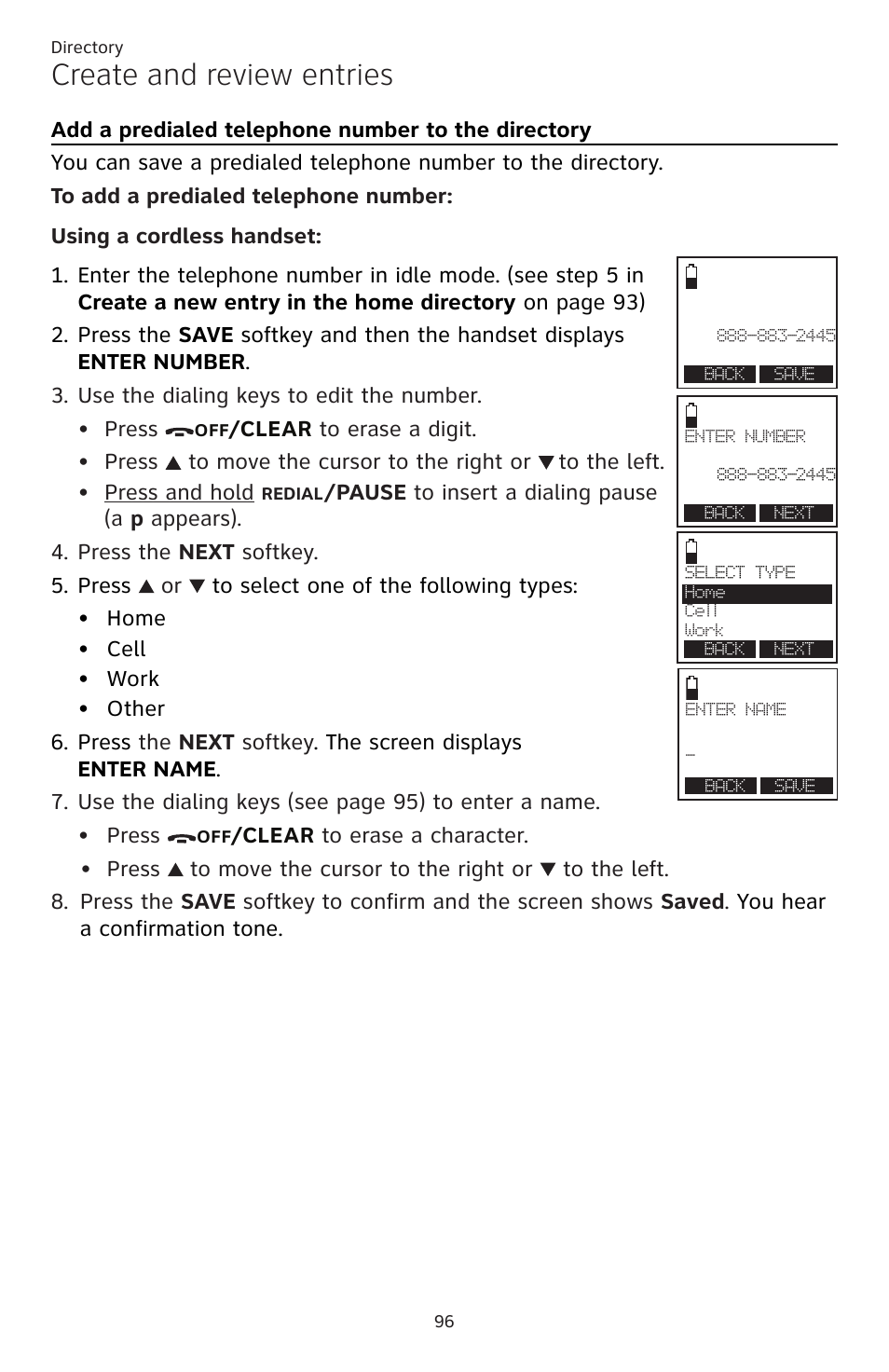 Add a predialed telephone, Number to the directory, Create and review entries | AT&T TL86109 User Manual | Page 102 / 166