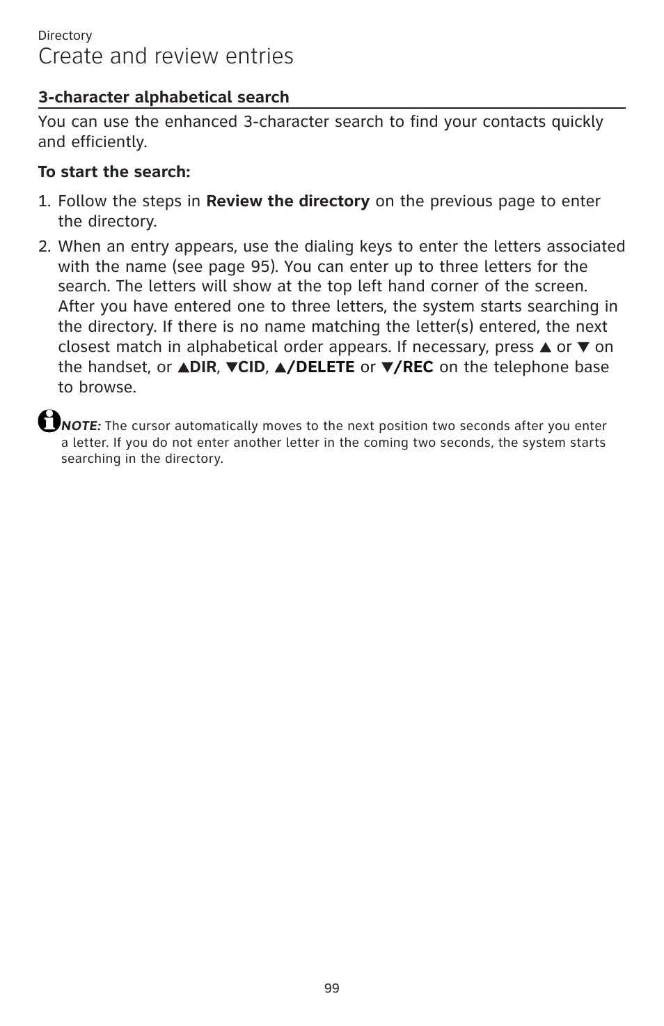 Character alphabetical search, Create and review entries | AT&T TL86109 User Manual | Page 105 / 166