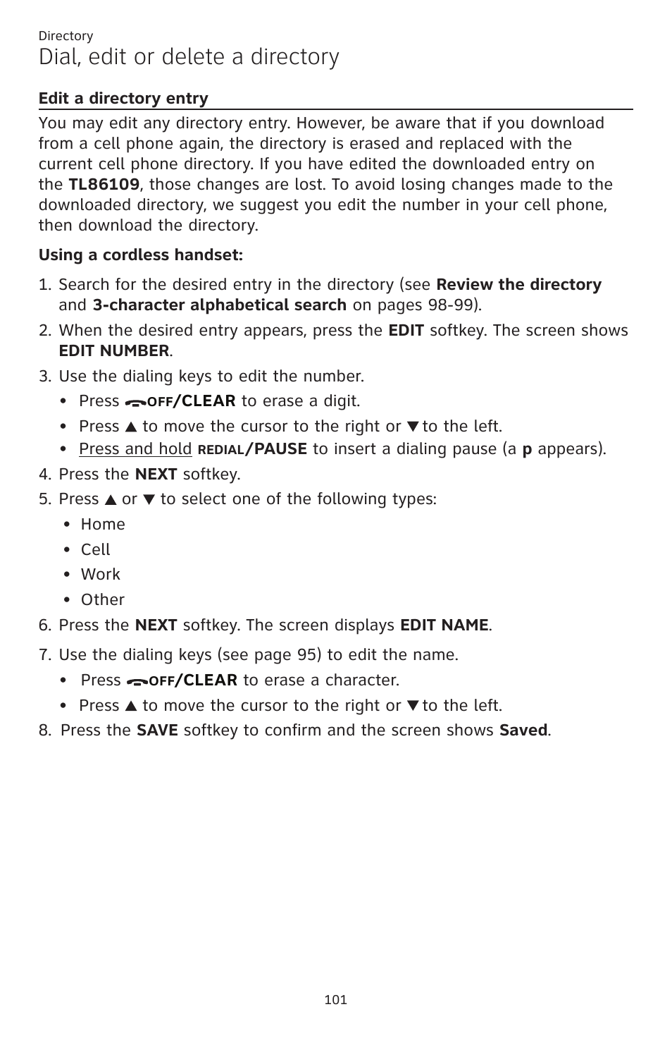 Edit a directory entry, Dial, edit or delete a directory | AT&T TL86109 User Manual | Page 107 / 166