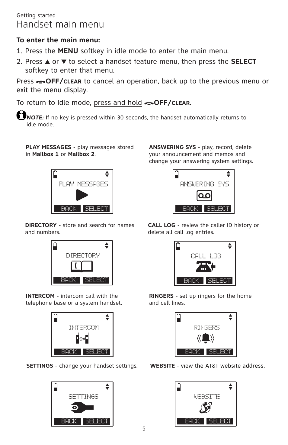 Handset main menu, Main menu | AT&T TL86109 User Manual | Page 11 / 166