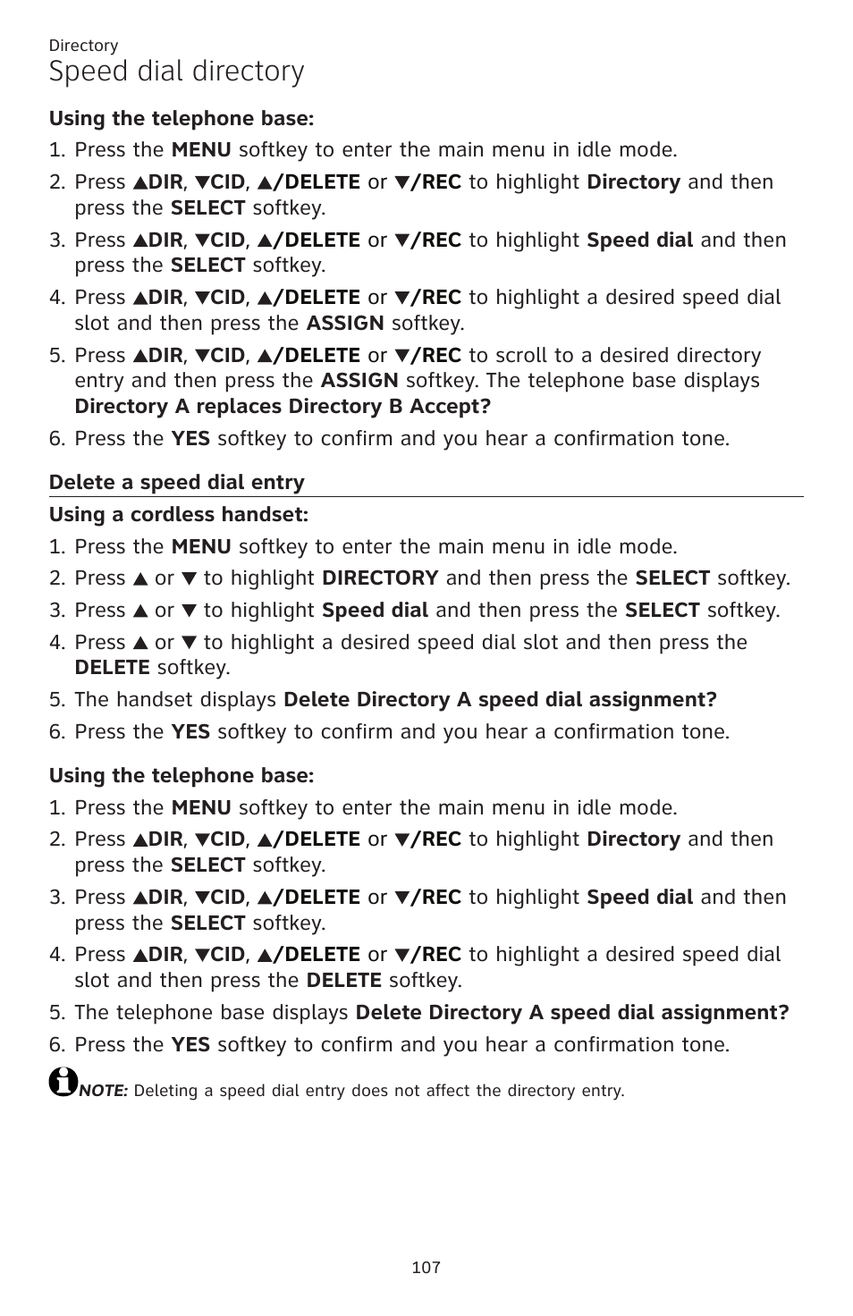 Delete a speed dial entry, Speed dial directory | AT&T TL86109 User Manual | Page 113 / 166