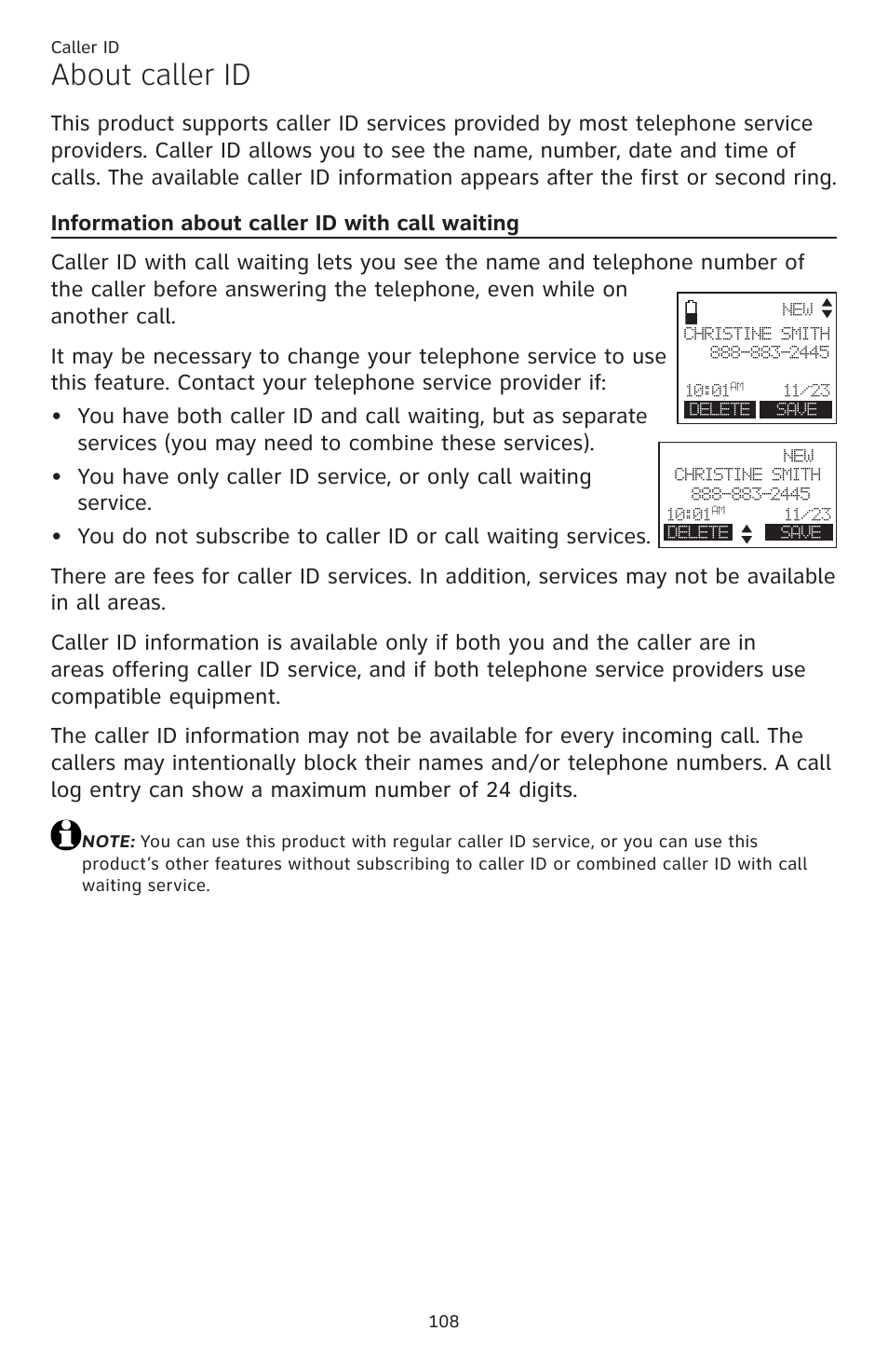 Caller id about caller id, Information about caller id, With call waiting | About caller id | AT&T TL86109 User Manual | Page 114 / 166