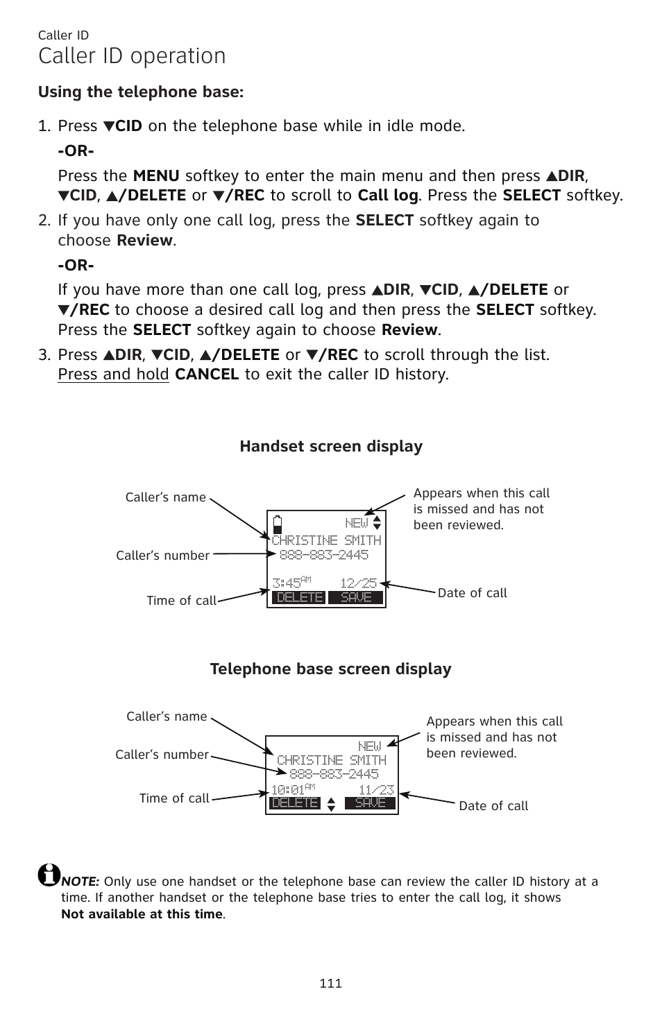 Caller id operation, 2. 3. handset screen display, Telephone base screen display | AT&T TL86109 User Manual | Page 117 / 166