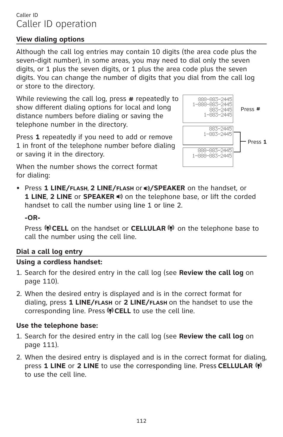 View dialing options dial a call log entry, Caller id operation | AT&T TL86109 User Manual | Page 118 / 166