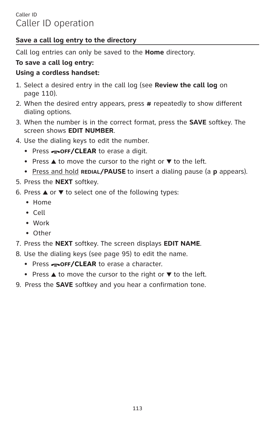 Save a call log entry to the directory, Caller id operation | AT&T TL86109 User Manual | Page 119 / 166