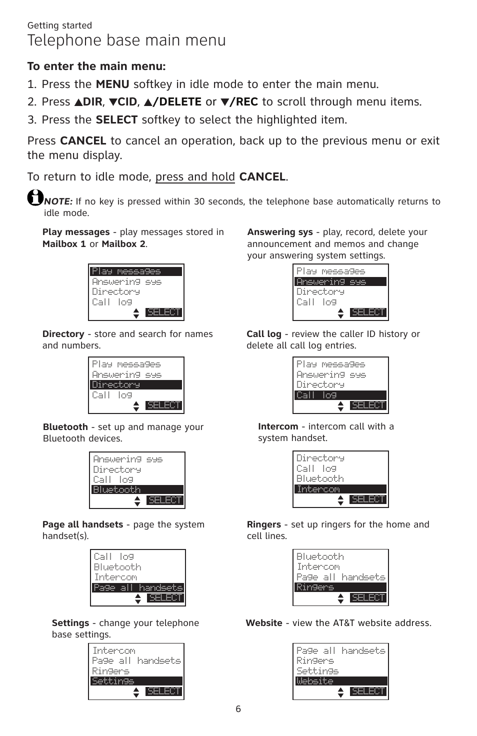 Telephone base main menu | AT&T TL86109 User Manual | Page 12 / 166