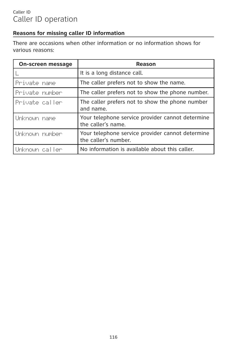 Reasons for missing caller id information, Caller id operation | AT&T TL86109 User Manual | Page 122 / 166