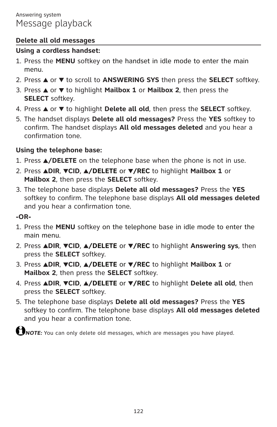 Delete all old messages, Message playback | AT&T TL86109 User Manual | Page 128 / 166