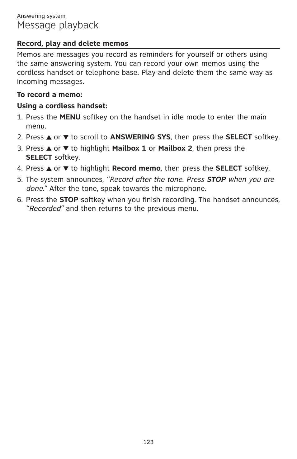 Record, play and delete, Memos, Message playback | AT&T TL86109 User Manual | Page 129 / 166