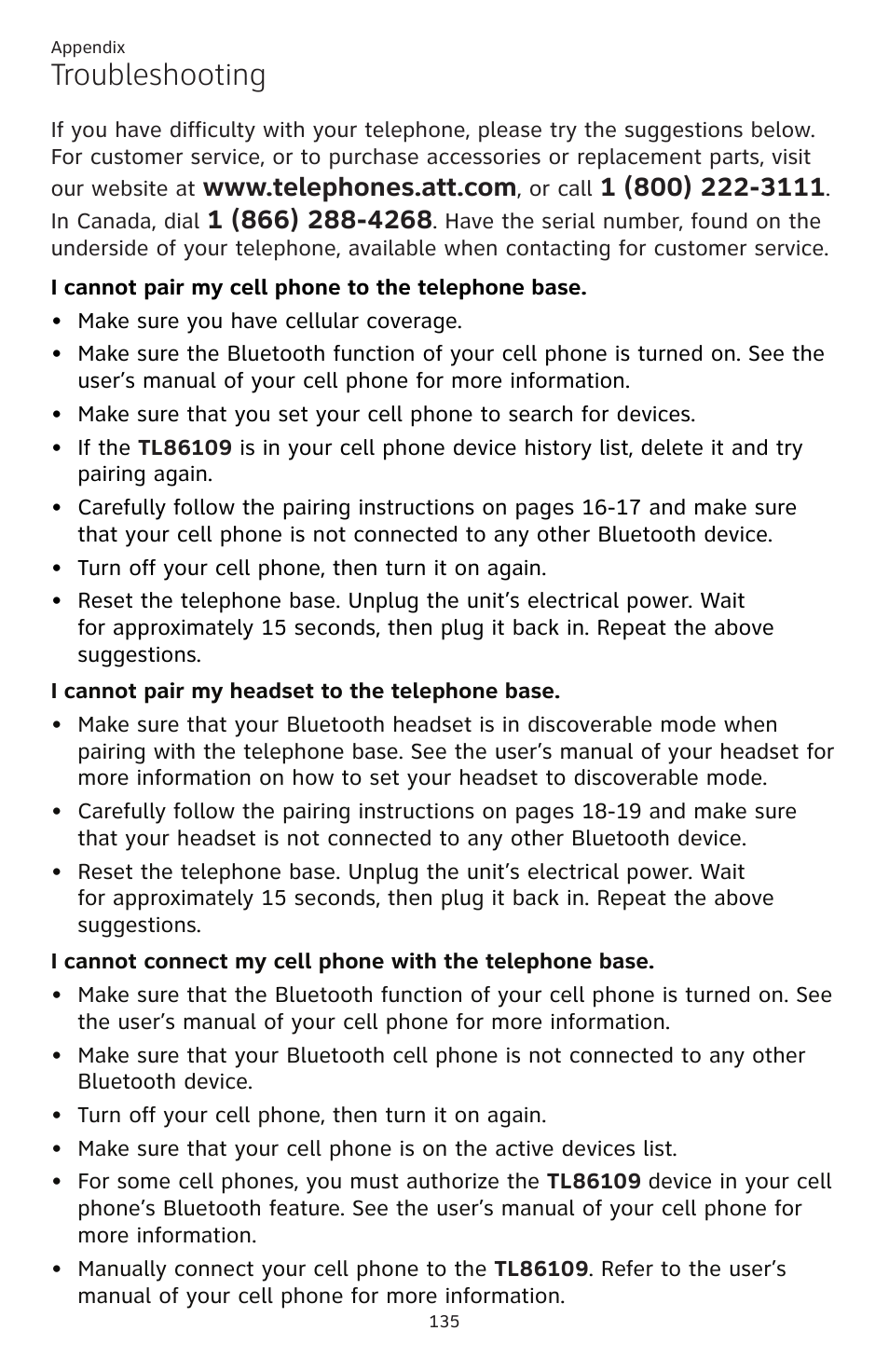 Troubleshooting | AT&T TL86109 User Manual | Page 141 / 166