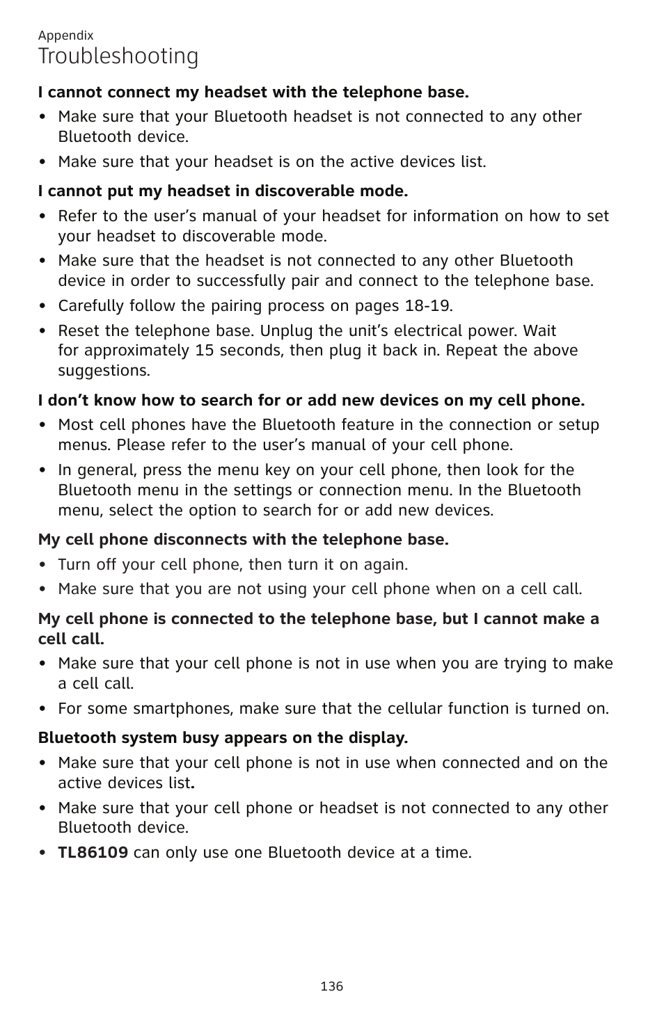 Troubleshooting | AT&T TL86109 User Manual | Page 142 / 166