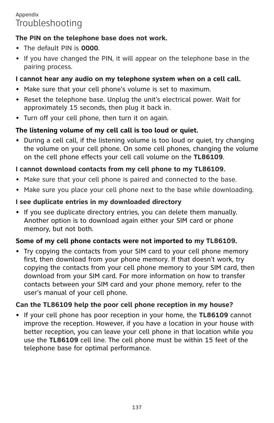 Troubleshooting | AT&T TL86109 User Manual | Page 143 / 166
