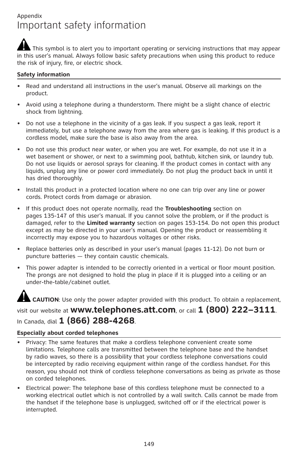 Important safety information | AT&T TL86109 User Manual | Page 155 / 166