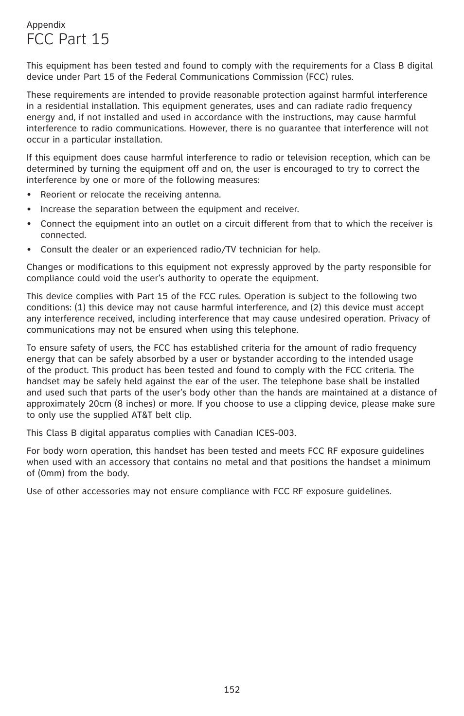 Fcc part 15 | AT&T TL86109 User Manual | Page 158 / 166